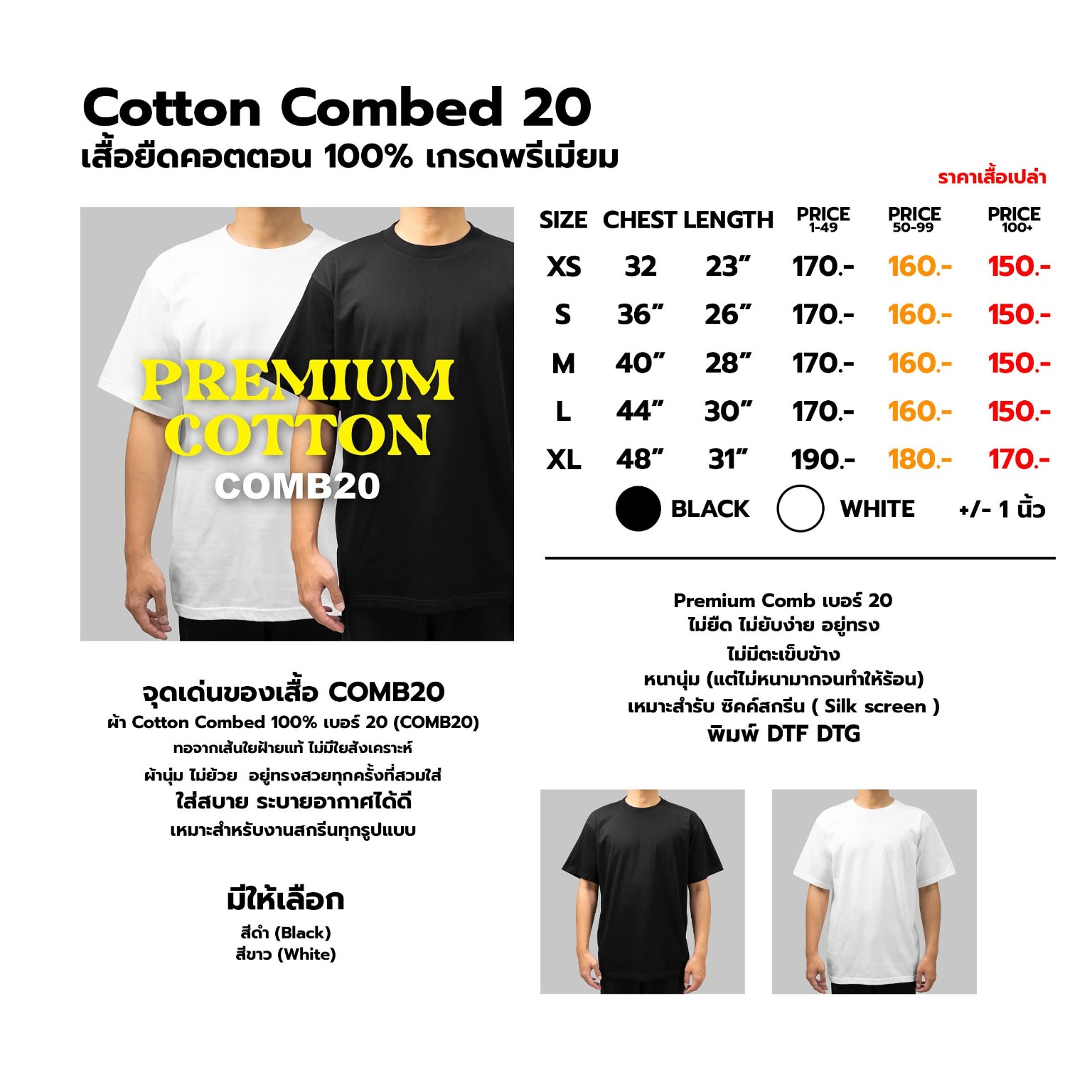 ตารางสเปกและราคาเสื้อเปล่า Cotton Combed 20